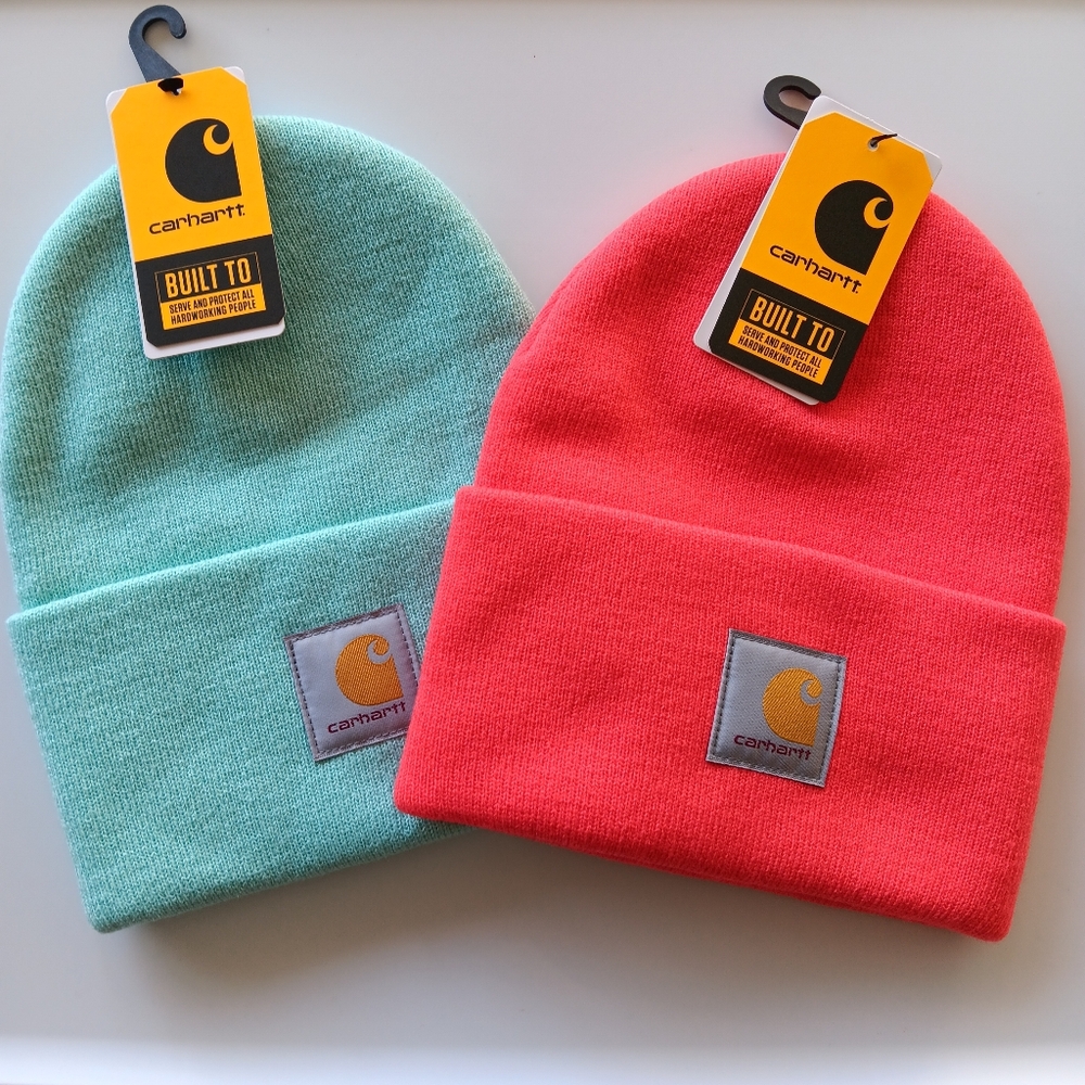 Carhartt Watch Beanie Bundle Rib Knit Orange Red Aqua Blue Women's Model A18 - Picture 1 of 6